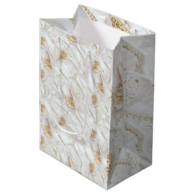 White-Ivory Silk & Ivory Champaign Pearls Medium Gift Bag (Front Angled)