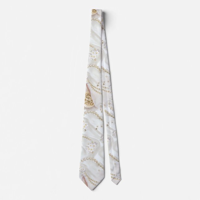 White-Ivory Silk & Ivory Champaign Pearls Neck Tie (Front)