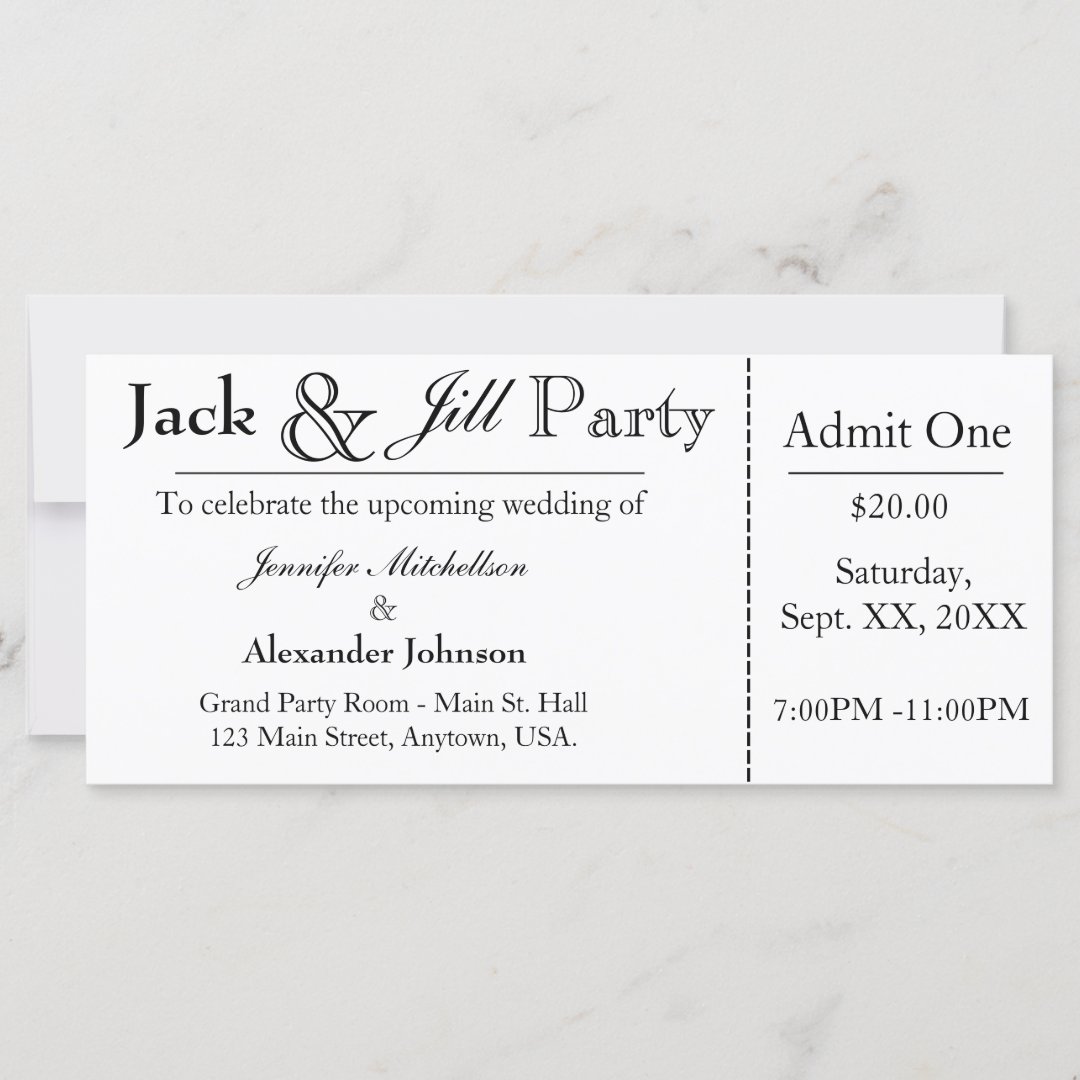 White Jack and Jill Shower Ticket Invitation Zazzle