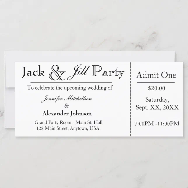 White Jack and Jill Shower Ticket Invitation Zazzle