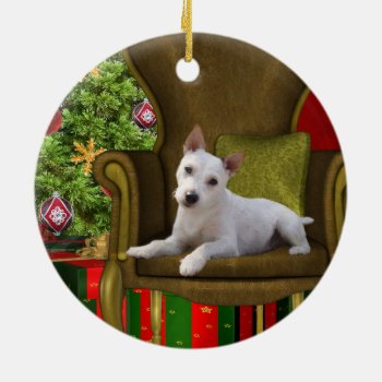 White Jack Russell Christmas Ceramic Ornament by deemac2 at Zazzle