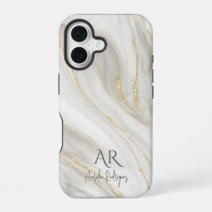 White Jade Marble Gold Glitter Customizable iPhone 16 Case