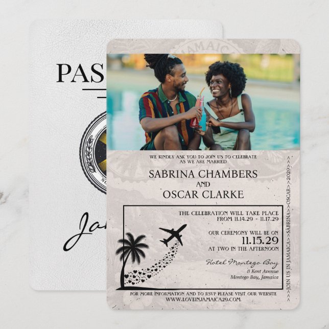 White Jamaica Passport Wedding Invitation (Front/Back)