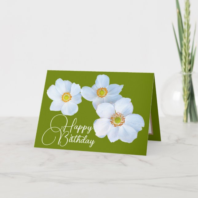 White Japanese Anemones Green Color Background Card (Front)
