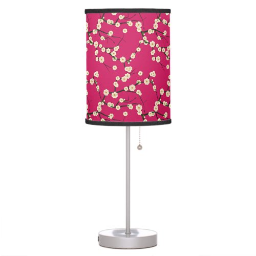 White Japanese Cherry Blossoms  Branches on Red Table Lamp
