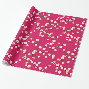 White Japanese Cherry Blossoms  Branches on Red Wrapping Paper