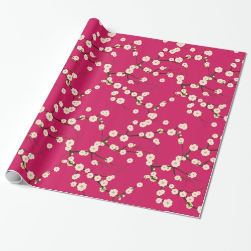 White Japanese Cherry Blossoms  Branches on Red Wrapping Paper