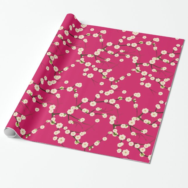 White Japanese Cherry Blossoms  Branches on Red Wrapping Paper (Unrolled)
