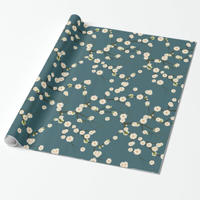 White Japanese Cherry Blossoms on Forest Green Wrapping Paper (Unrolled)
