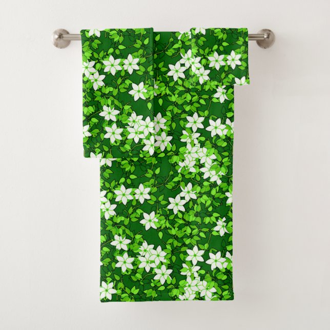 White Jasmine Among Green Leaves Bath Towel Set (Insitu)