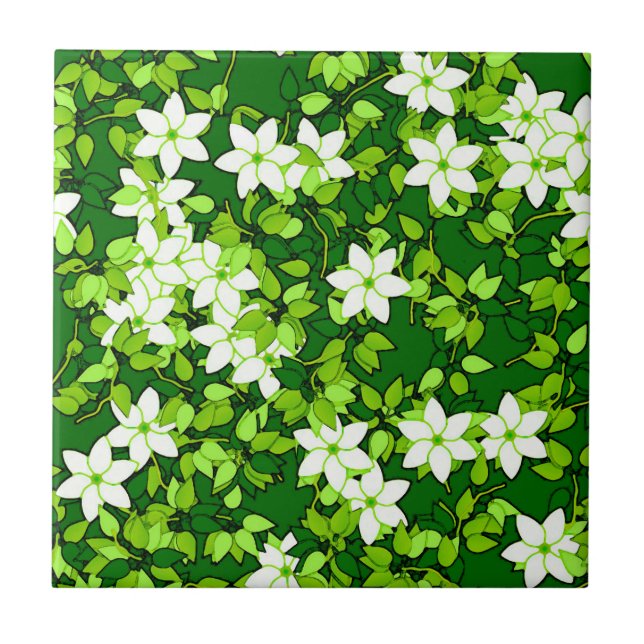 White Jasmine Among Green Leaves Ceramic Tile (Front)