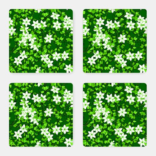 White Jasmine Among Green Leaves Coaster Set