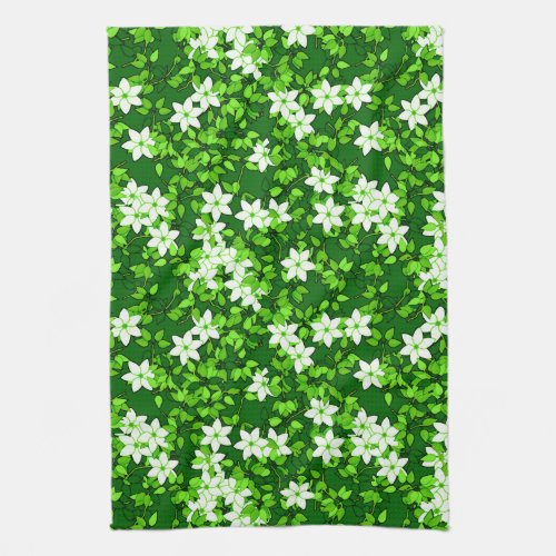 White Jasmine Among Green Leaves Kitchen Towel