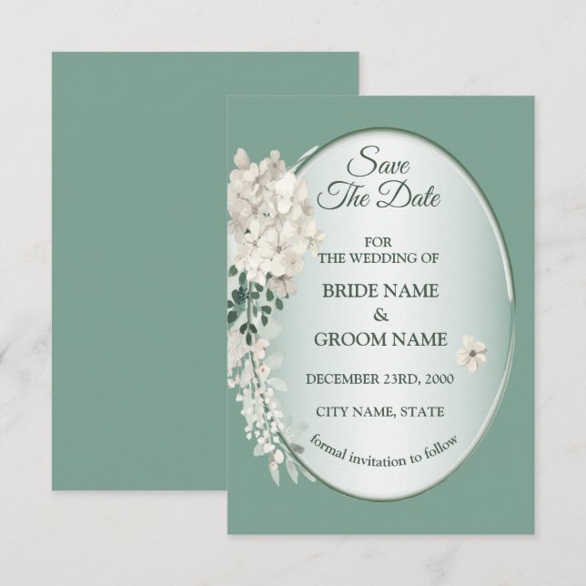 White Jasmine Floral Green Geometric Wedding Save The Date (Front/Back)