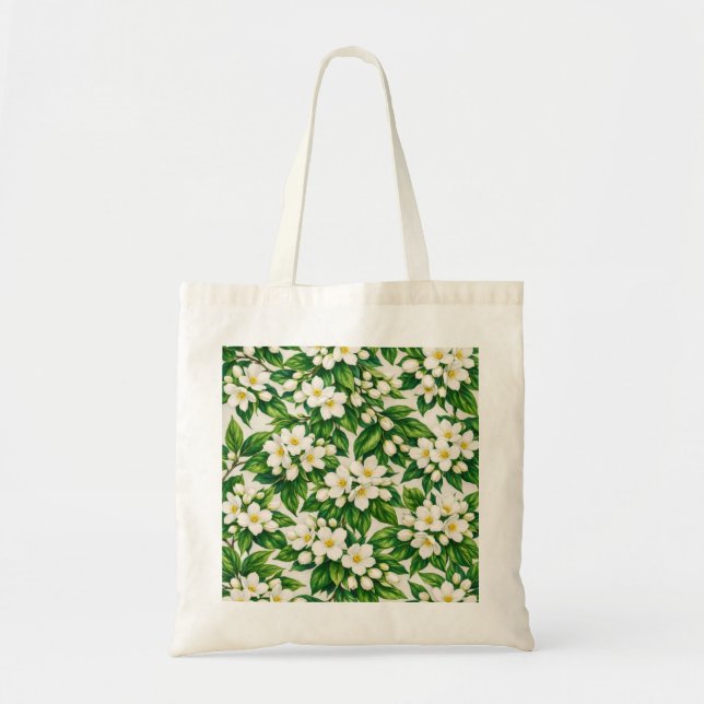 White Jasmine Flower Botanical Green Leaf Pattern Tote Bag (Front)