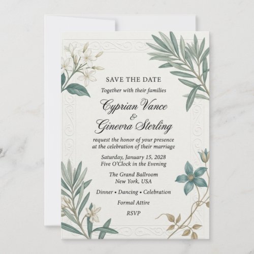 White Jasmine, Olive Branches, Blue Clematis, Embo Invitation