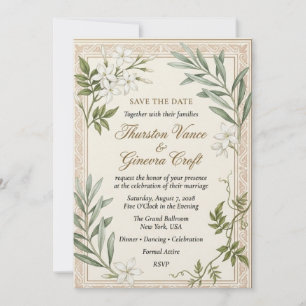 White Jasmine, Olive Branches, Ornate Scroll Borde Invitation