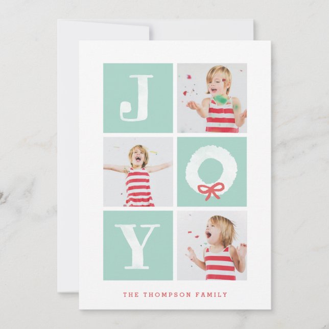 White Joy Christmas Wreath Multiphoto Holiday Card (Front)