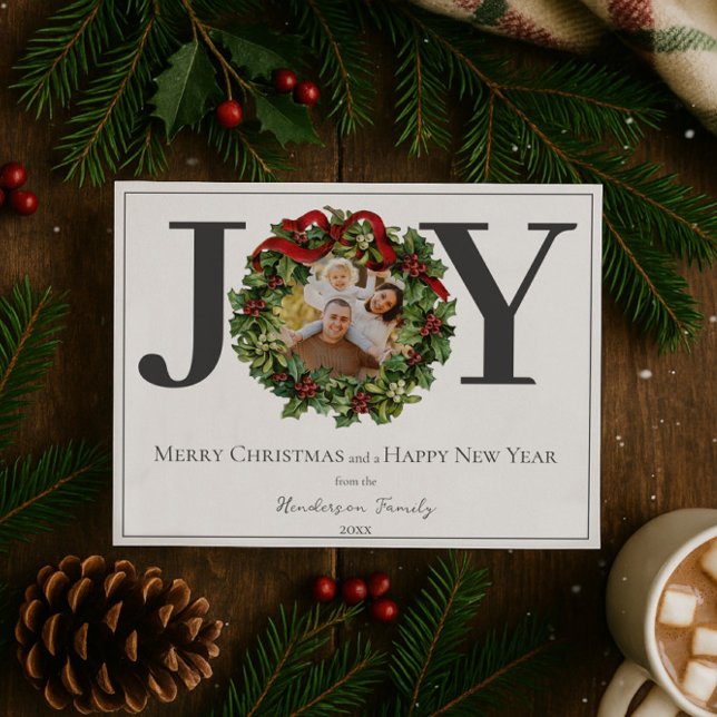 White Joy Christmas Wreath Photo Holiday Card (White Joy Christmas Wreath Photo Holiday Card)