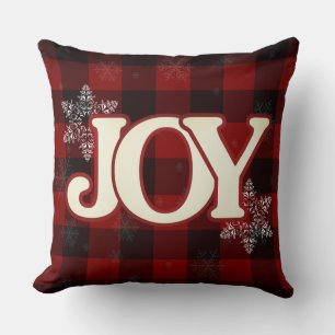 White JOY of Christmas Elegant Red buffalo plaid Throw Pillow