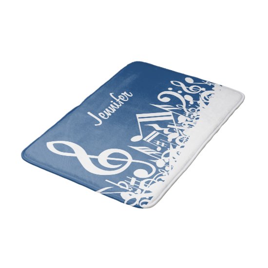 White jumbled musical notes and a large treble cle bath mat