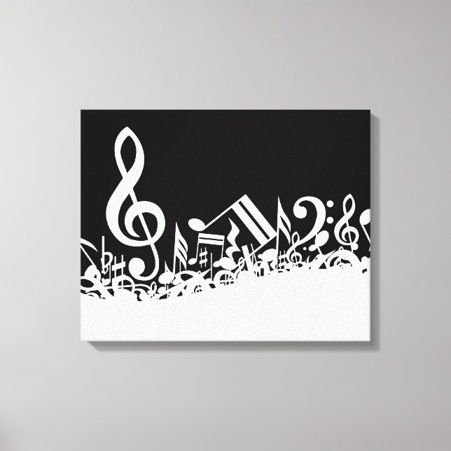 White Jumbled Musical Notes on Black Canvas Print (Front)