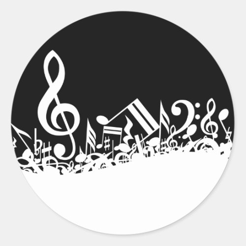 White Jumbled Musical Notes on Black Classic Round Sticker