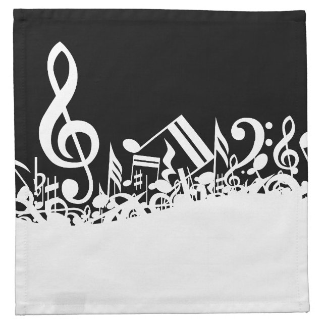 White Jumbled Musical Notes on Black Cloth Napkin (Front)