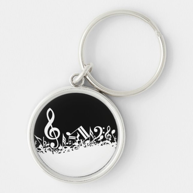 White Jumbled Musical Notes on Black Keychain (Front)