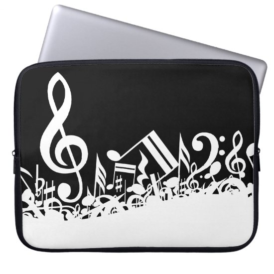 White Jumbled Musical Notes on Black Laptop Sleeve