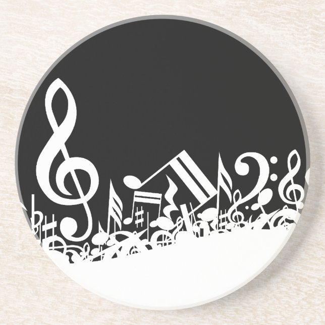 White Jumbled Musical Notes on Black Sandstone Coaster (Front)