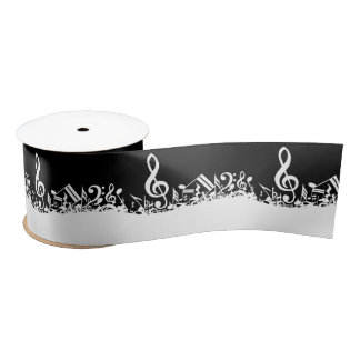 White Jumbled Musical Notes on Black Satin Ribbon
