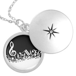 White Jumbled Musical Notes on Black Silver Plated Necklace