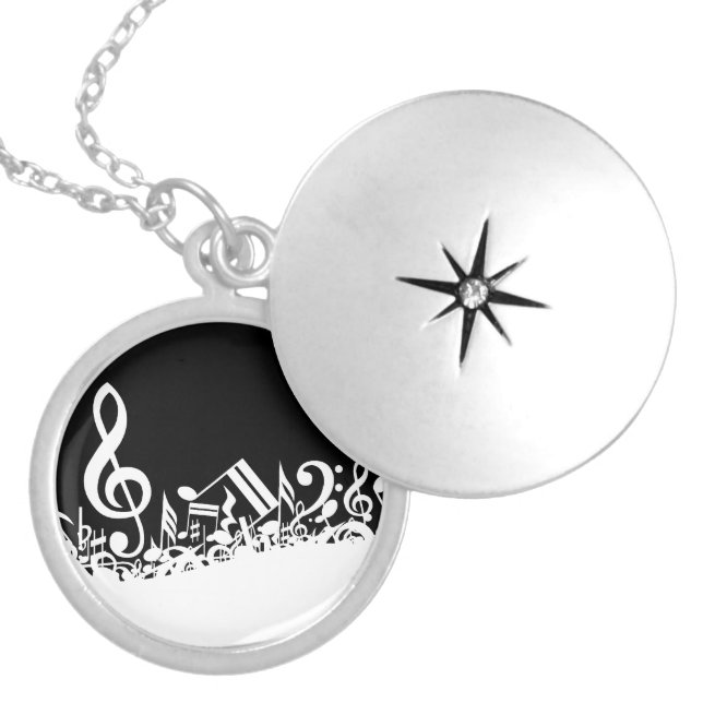 White Jumbled Musical Notes on Black Silver Plated Necklace (Front)