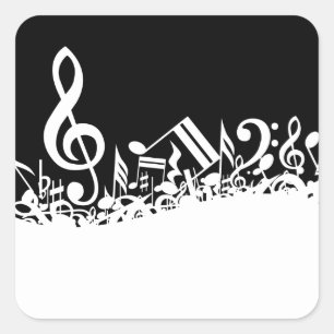 White Jumbled Musical Notes on Black Square Sticker