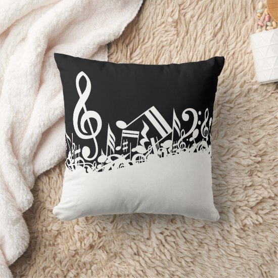 White Jumbled Musical Notes on Black Throw Pillow