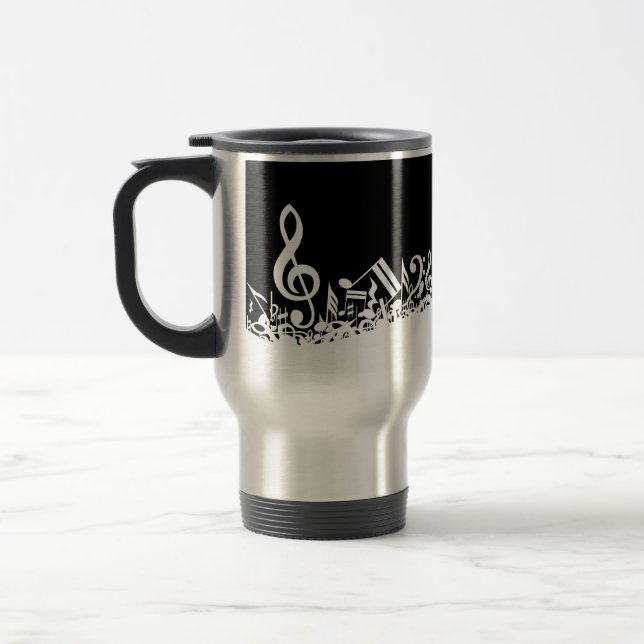 White Jumbled Musical Notes on Black Travel Mug (Left)
