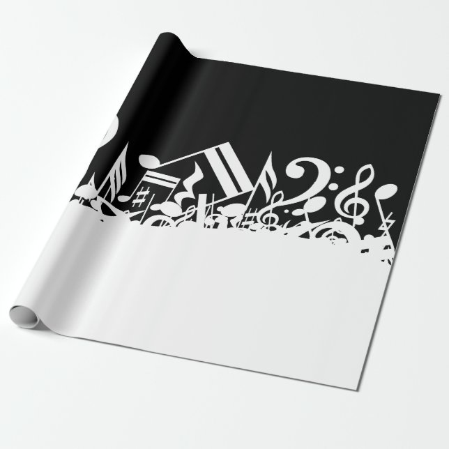 White Jumbled Musical Notes on Black Wrapping Paper (Unrolled)