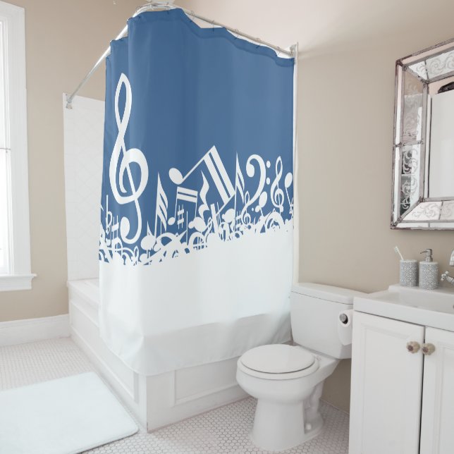 White Jumbled Musical Notes on Blue Shower Curtain (In Situ)