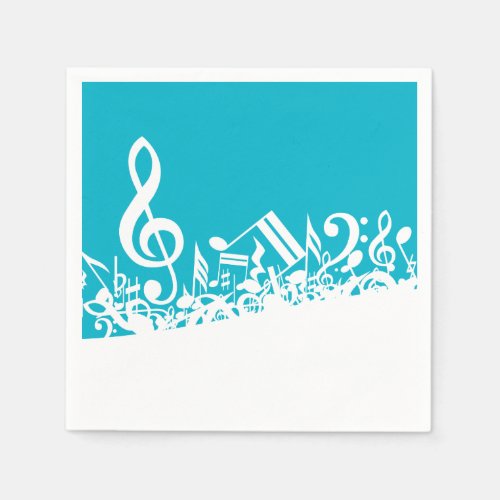 White Jumbled Musical Notes on Turquoise Paper Napkins