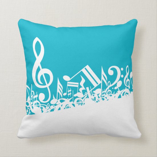 White Jumbled Musical Notes on Turquoise Throw Pillow