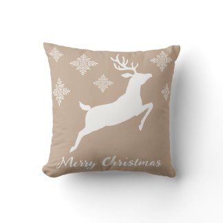 White Jumping Deer On Beige With Snowflakes Throw Pillow