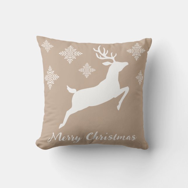 White Jumping Deer On Beige With Snowflakes Throw Pillow (Front)