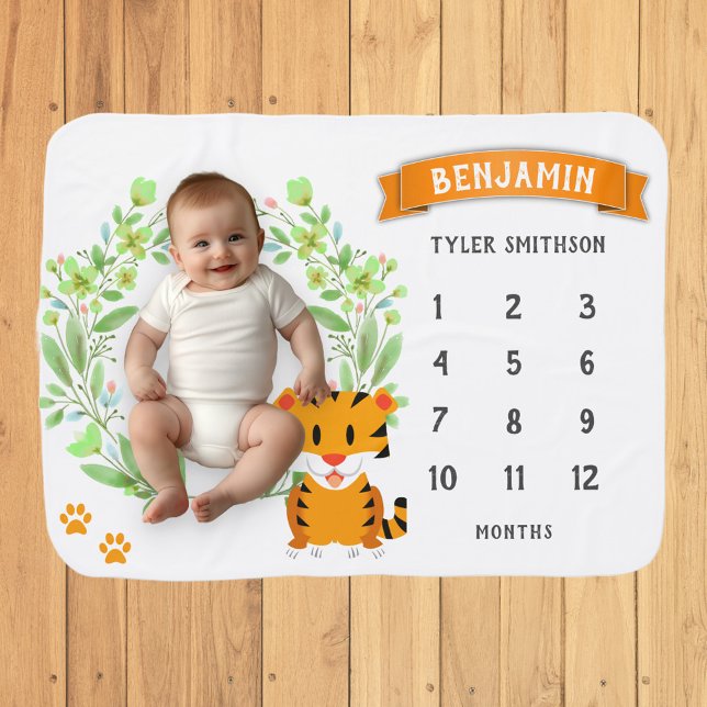 White Jungle Safari Tiger Monthly Milestone Baby Blanket (Creator Uploaded)