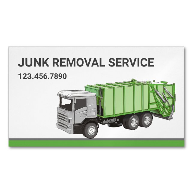 White Junk Removal Service Garbage Truck Business Card Magnet (Front)
