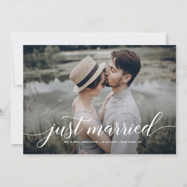 White Just Married Overlay Cursive Script Photo Announcement (Front)