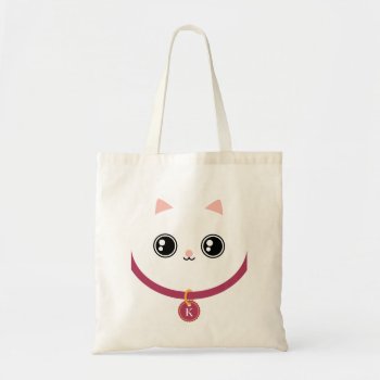 White Kawaii Kitty Cat Face Custom Name Monogram Tote Bag by tashatzazzle at Zazzle