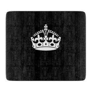 White Keep Calm Crown on Black Cutting Board