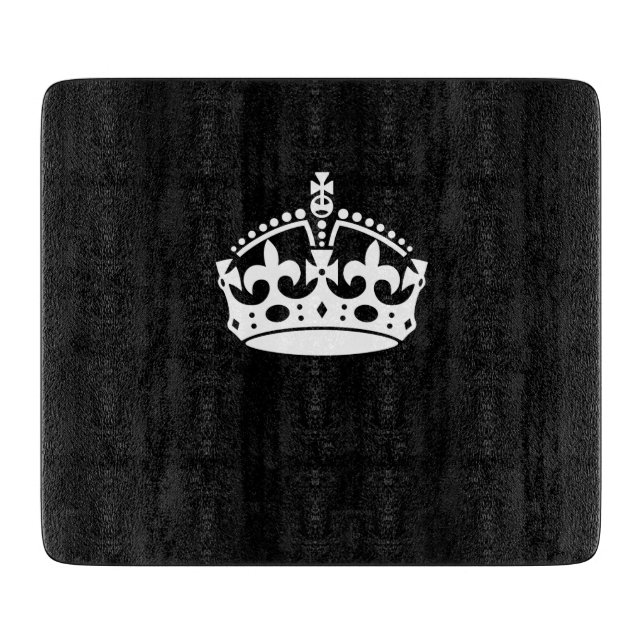 White Keep Calm Crown on Black Cutting Board (Front)