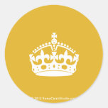 White Keep Calm Crown On Gold Background Classic Round Sticker at Zazzle
